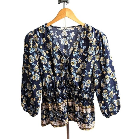 Francesca's MI AMI Blue & Yellow Floral Jacobean Peplum Peasant Top Size S - Picture 1 of 7